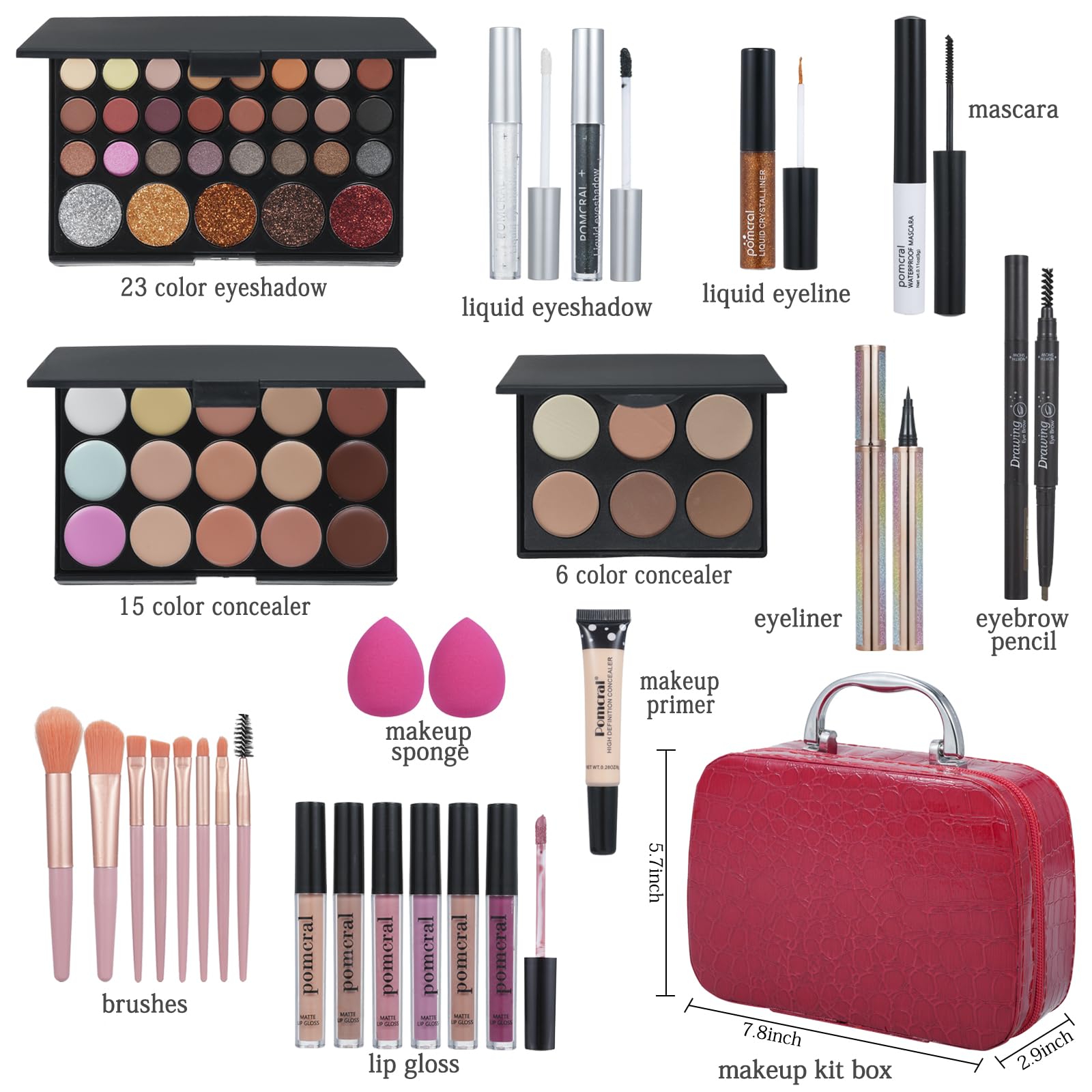 Pomcral eyeshadow palette and concealer duo for versatile looks.