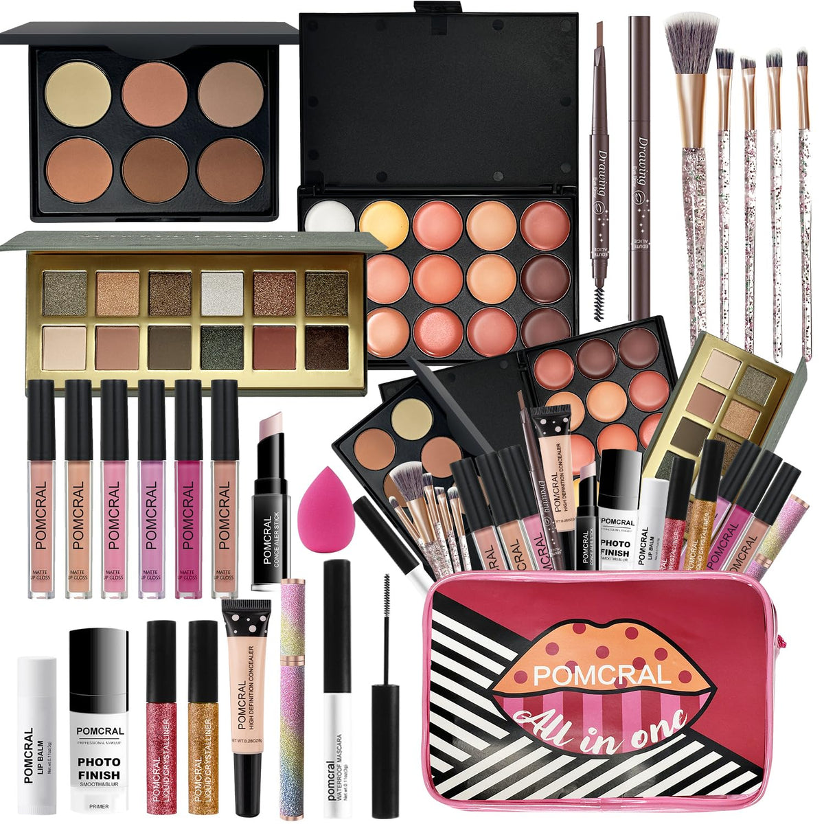 Pomcral eyeshadow palette with neutral and shimmer shades for versatile day-to-night looks.