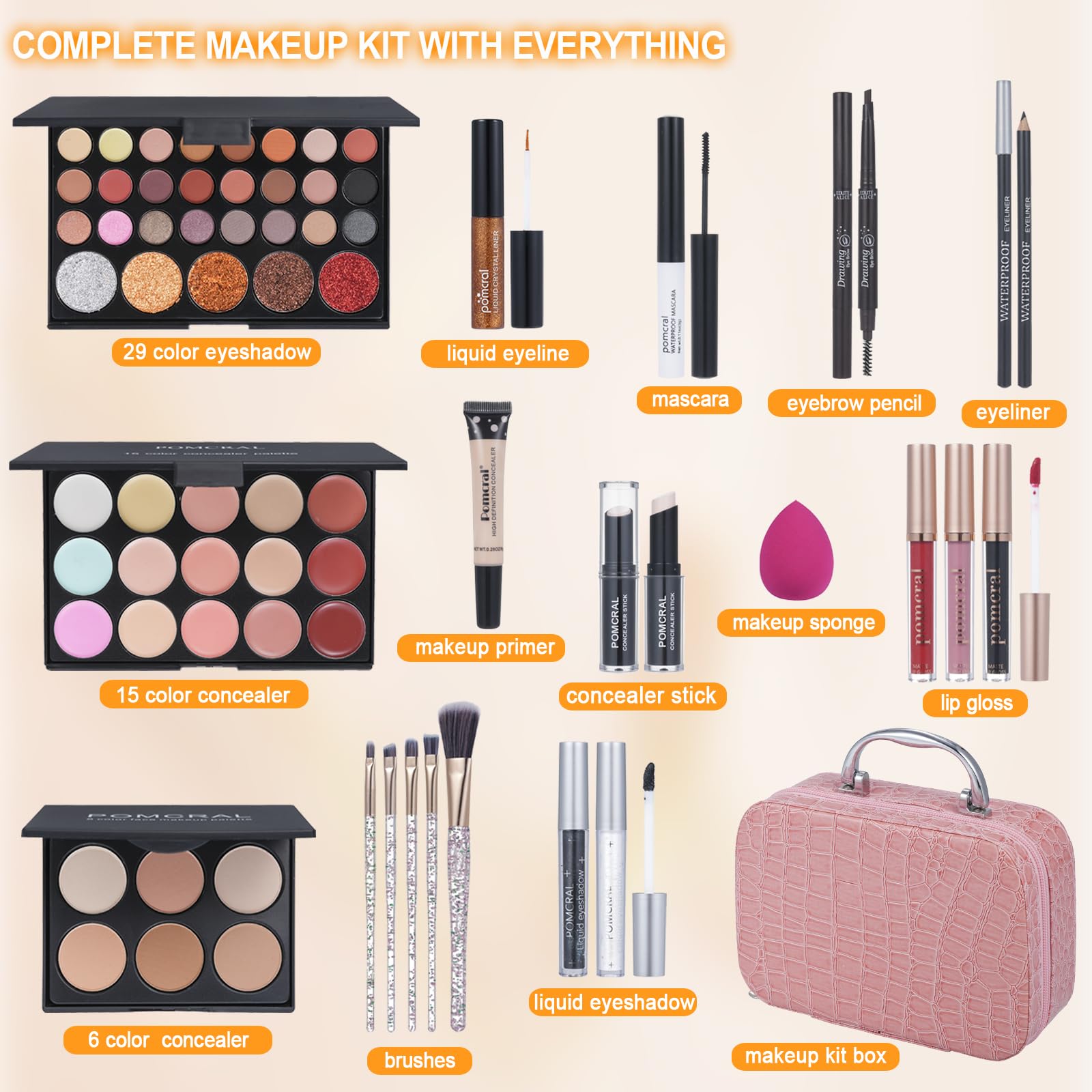 Pomcral eyeshadow palettes with neutral, shimmer, and glitter shades for versatile looks.