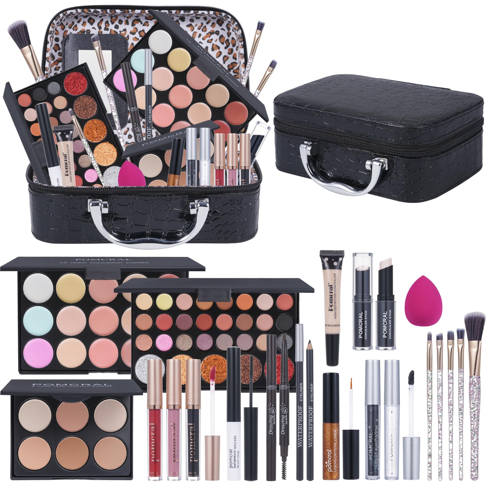 Pomcral makeup kit teens open box shows organized storage for beginners.