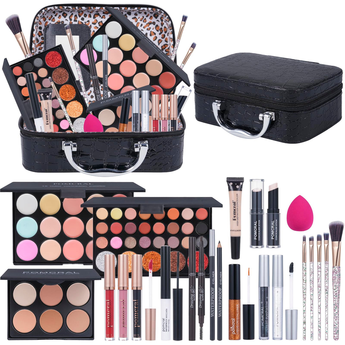 Pomcral makeup kit teens open box shows organized storage for beginners.