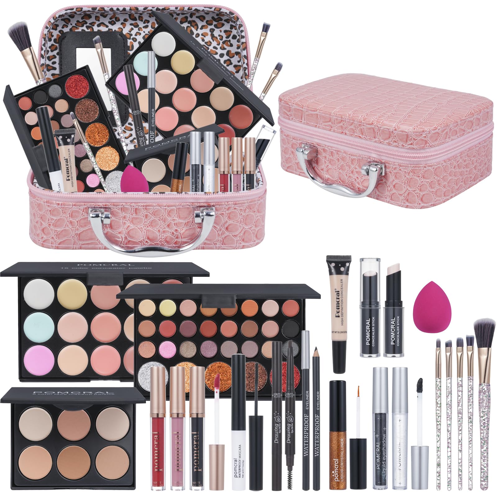 Pomcral professional makeup kit in pink bag for travel-ready beauty routines.