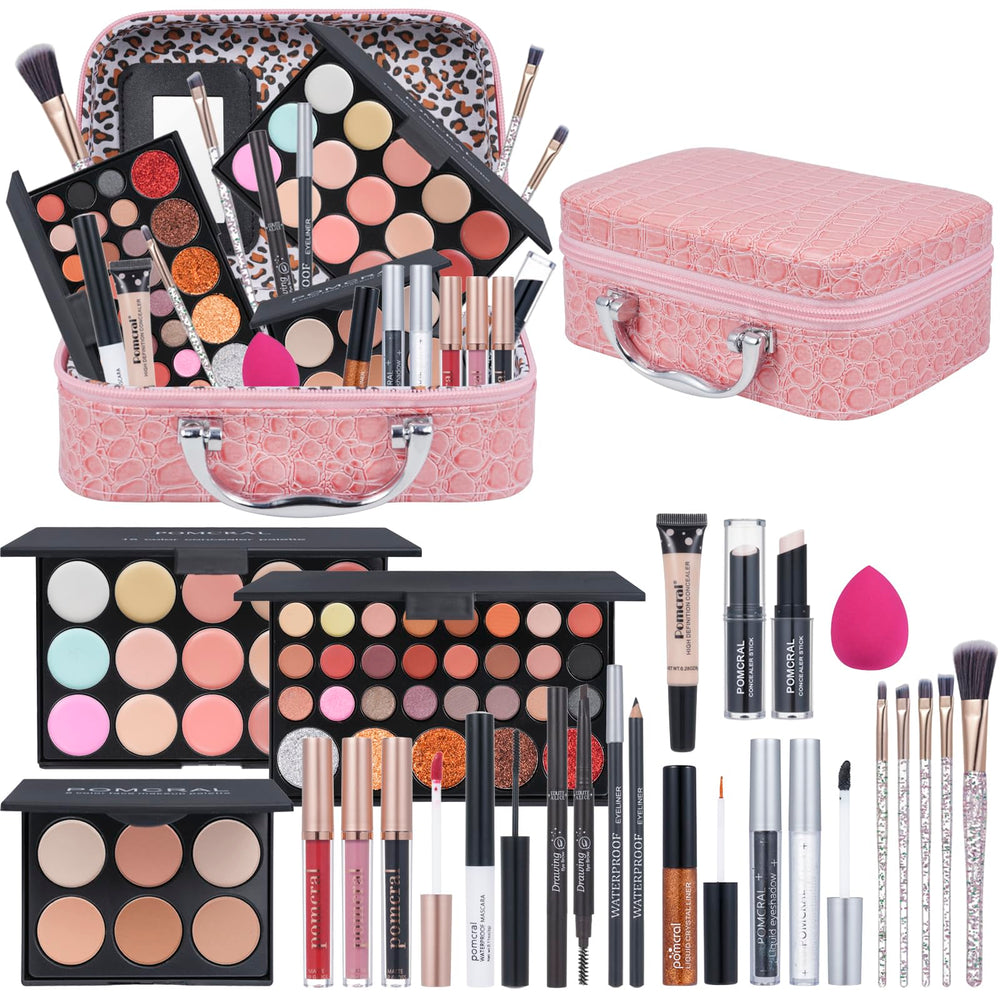 Pomcral professional makeup kit in pink bag for travel-ready beauty routines.