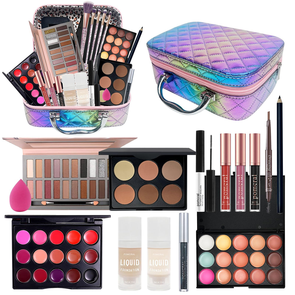 Pomcral Travel Makeup Kit close-up, versatile shade collection for day-to-night looks.
