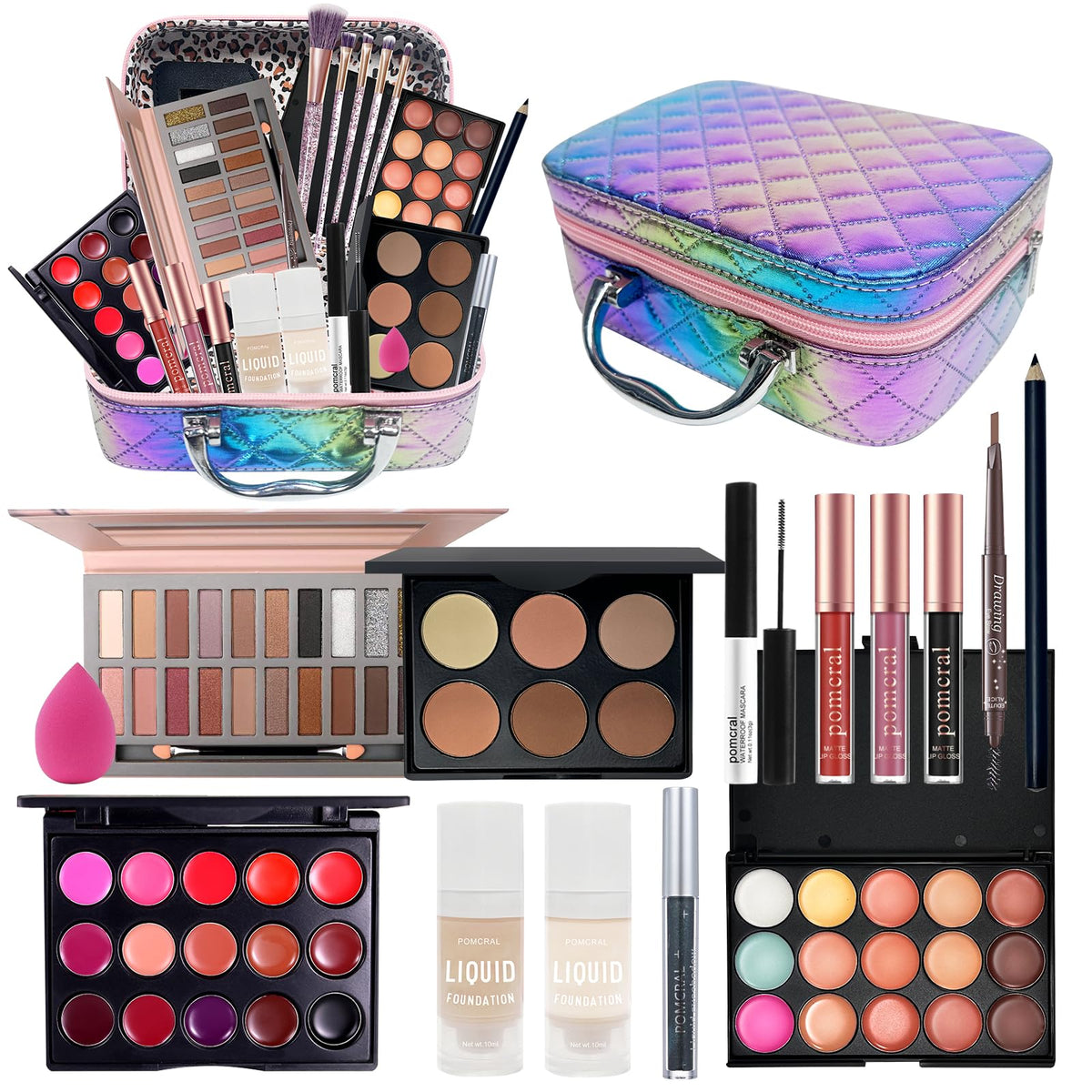 Pomcral Travel Makeup Kit close-up, versatile shade collection for day-to-night looks.