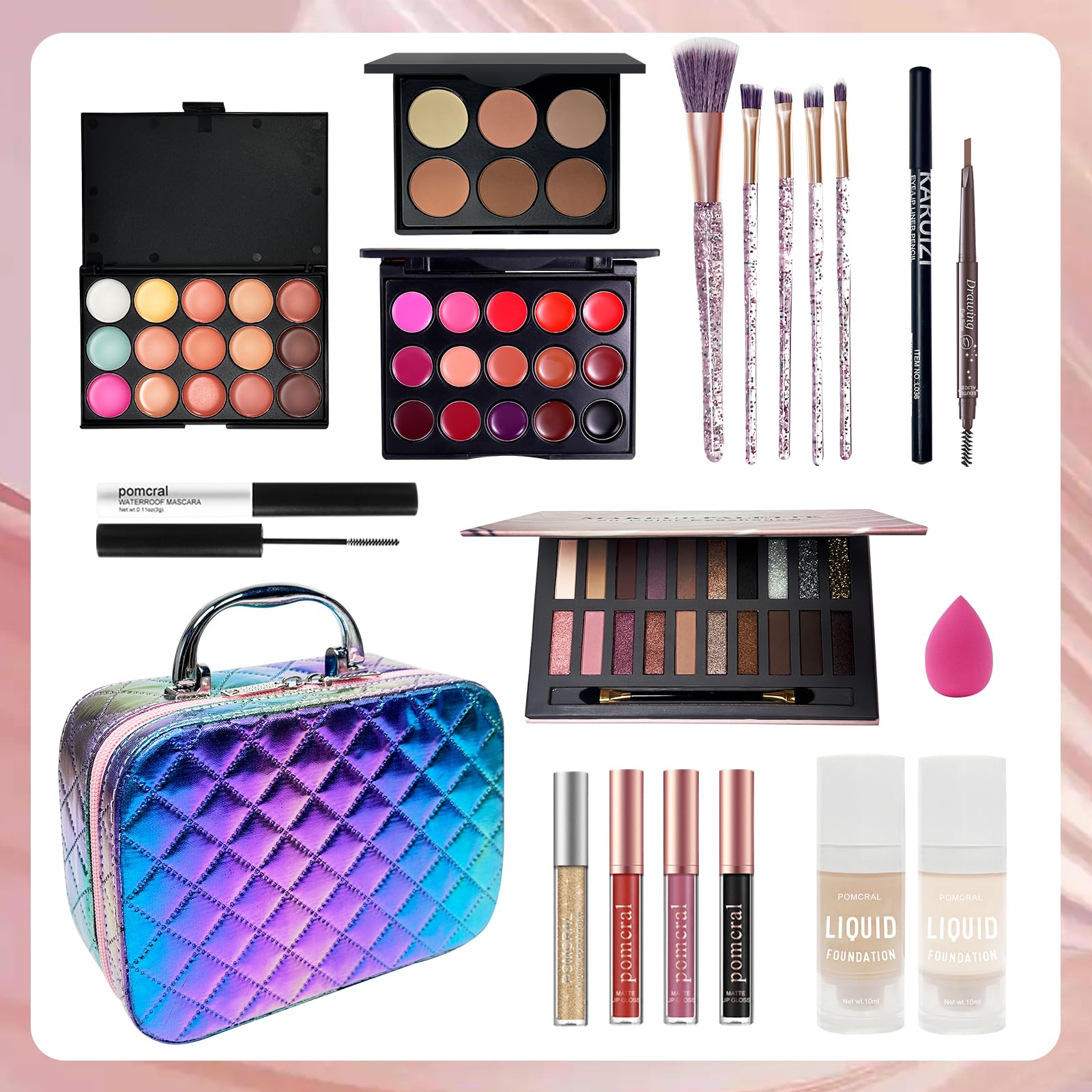 Pomcral Travel Makeup Kit open compact case shows organized on-the-go layout.