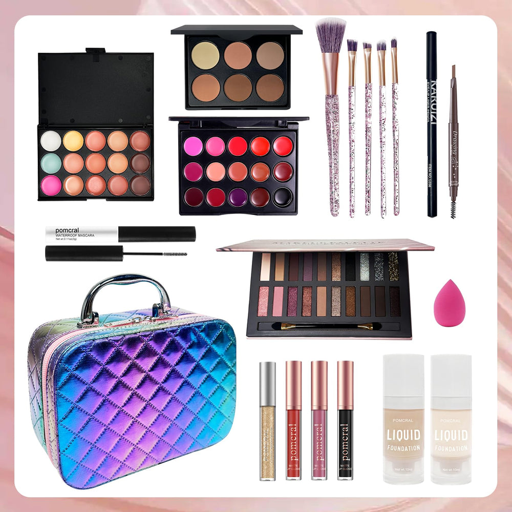 Pomcral Travel Makeup Kit open compact case shows organized on-the-go layout.