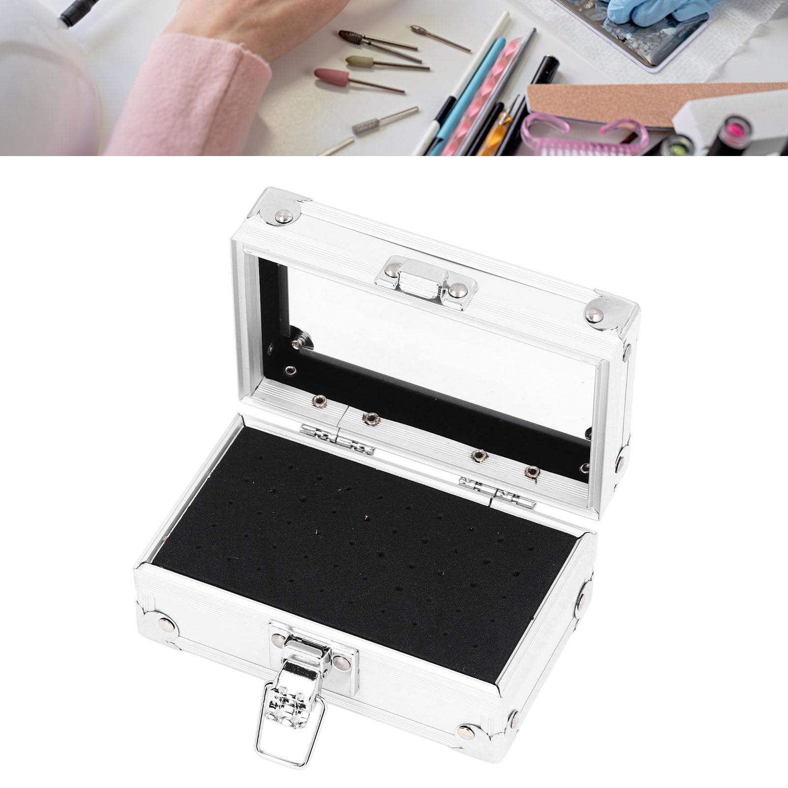 Pomya nail drill bit holder storage box aluminum alloy build offers durable daily use.