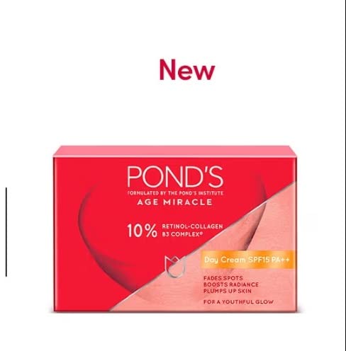 Packaging close-up of POND'S Age Miracle Day Cream highlighting SPF 15 PA++ protection