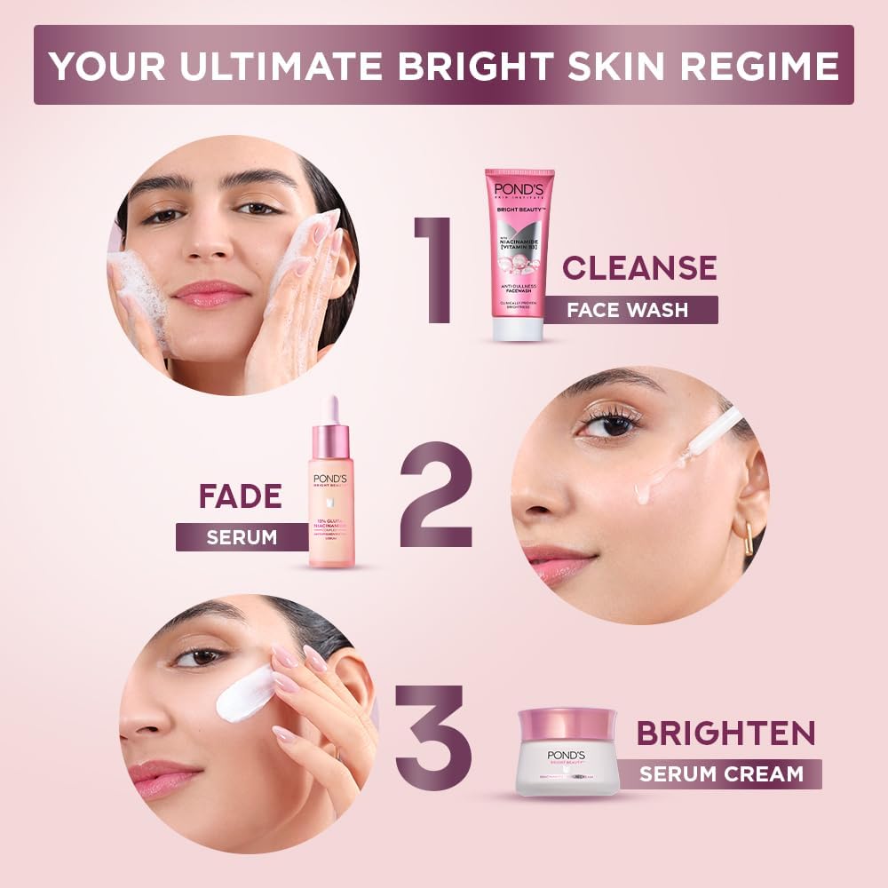 POND'S Bright Beauty routine scene with cleanser, serum, and cream application.