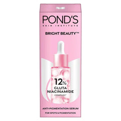 POND'S Bright Beauty Serum bottle close-up highlighting 12% Gluta-Niacinamide for brightening.