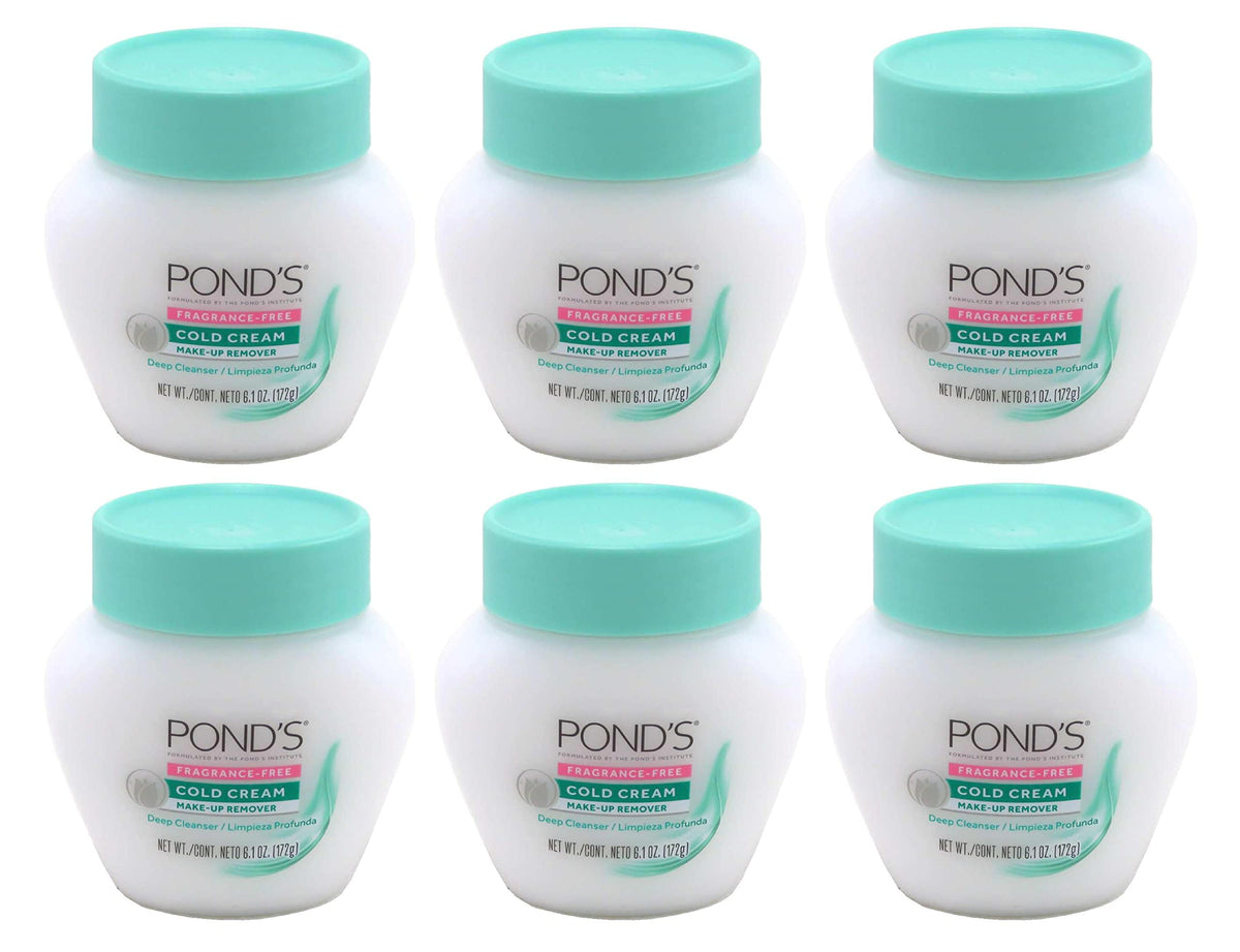 POND'S Cold Cream Make-Up Remover bottle shows fragrance-free, gentle makeup removal for sensitive skin.