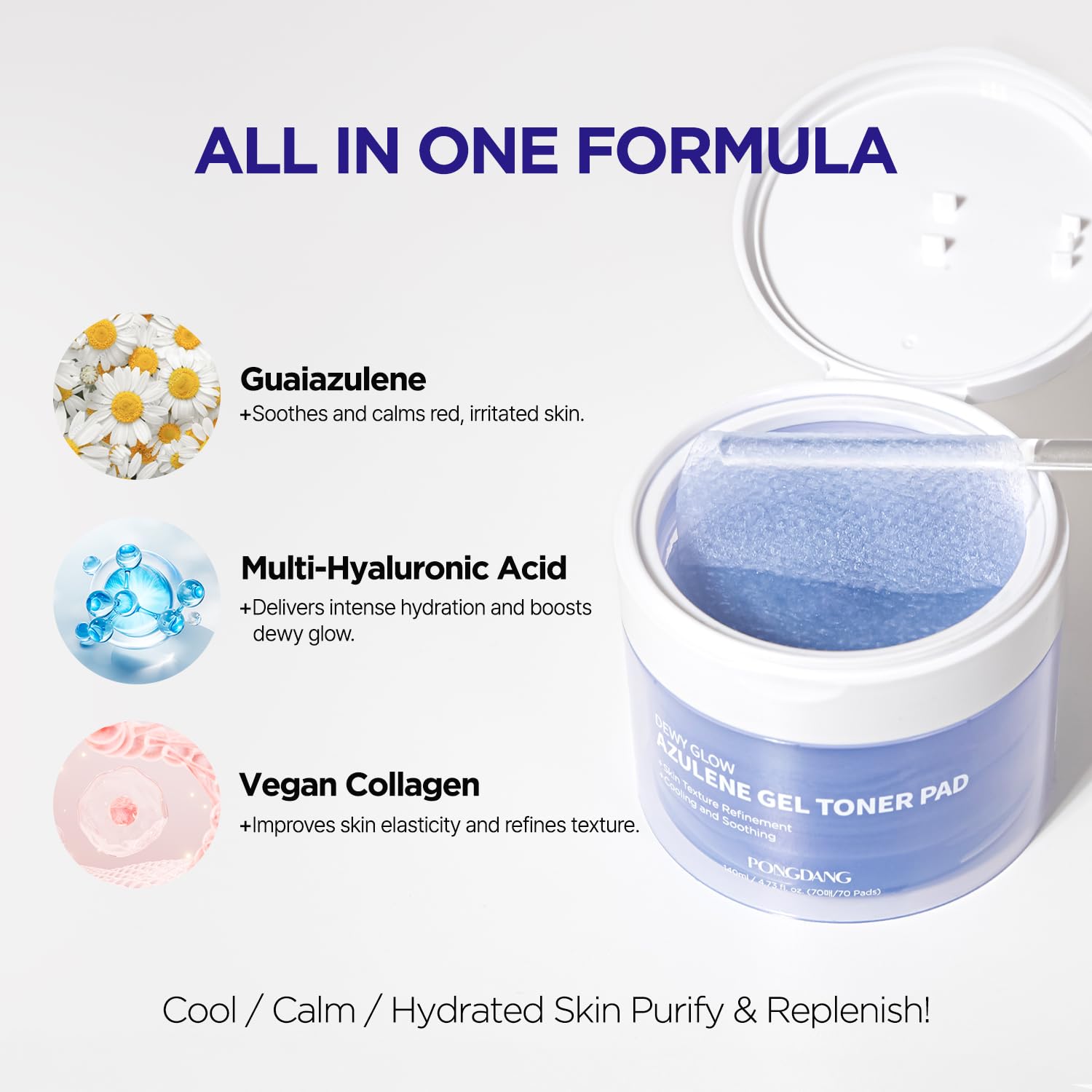 Multi-hyaluronic acid and vegan collagen in PONGDANG pad for hydration