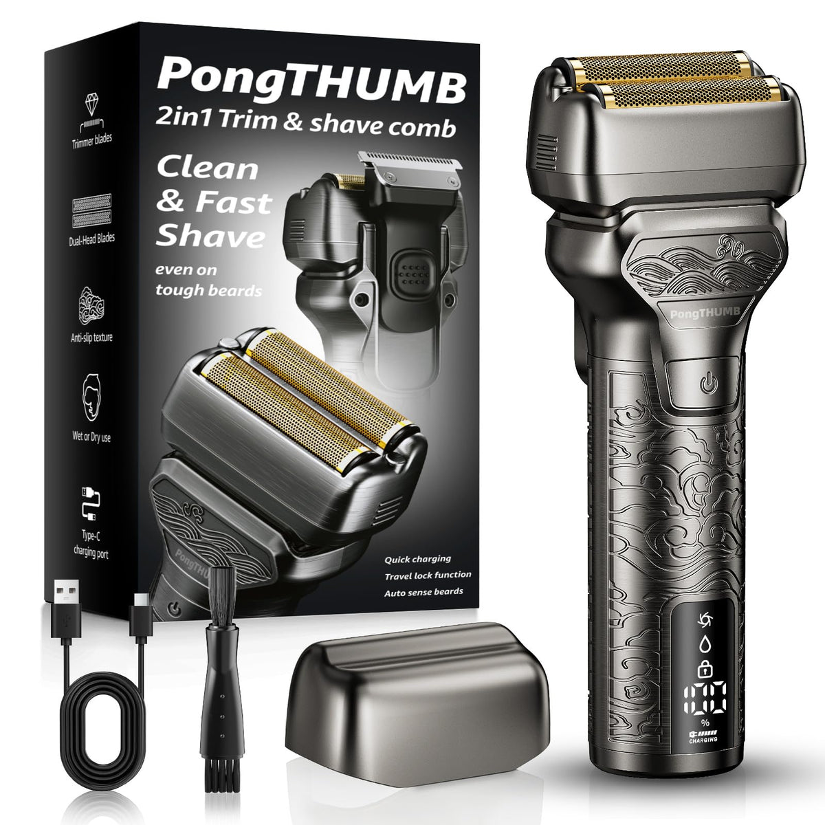 PongTHUMB electric razor close-up of the foil head for a precise shave.