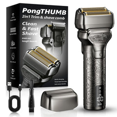 PongTHUMB electric razor close-up of the foil head for a precise shave.