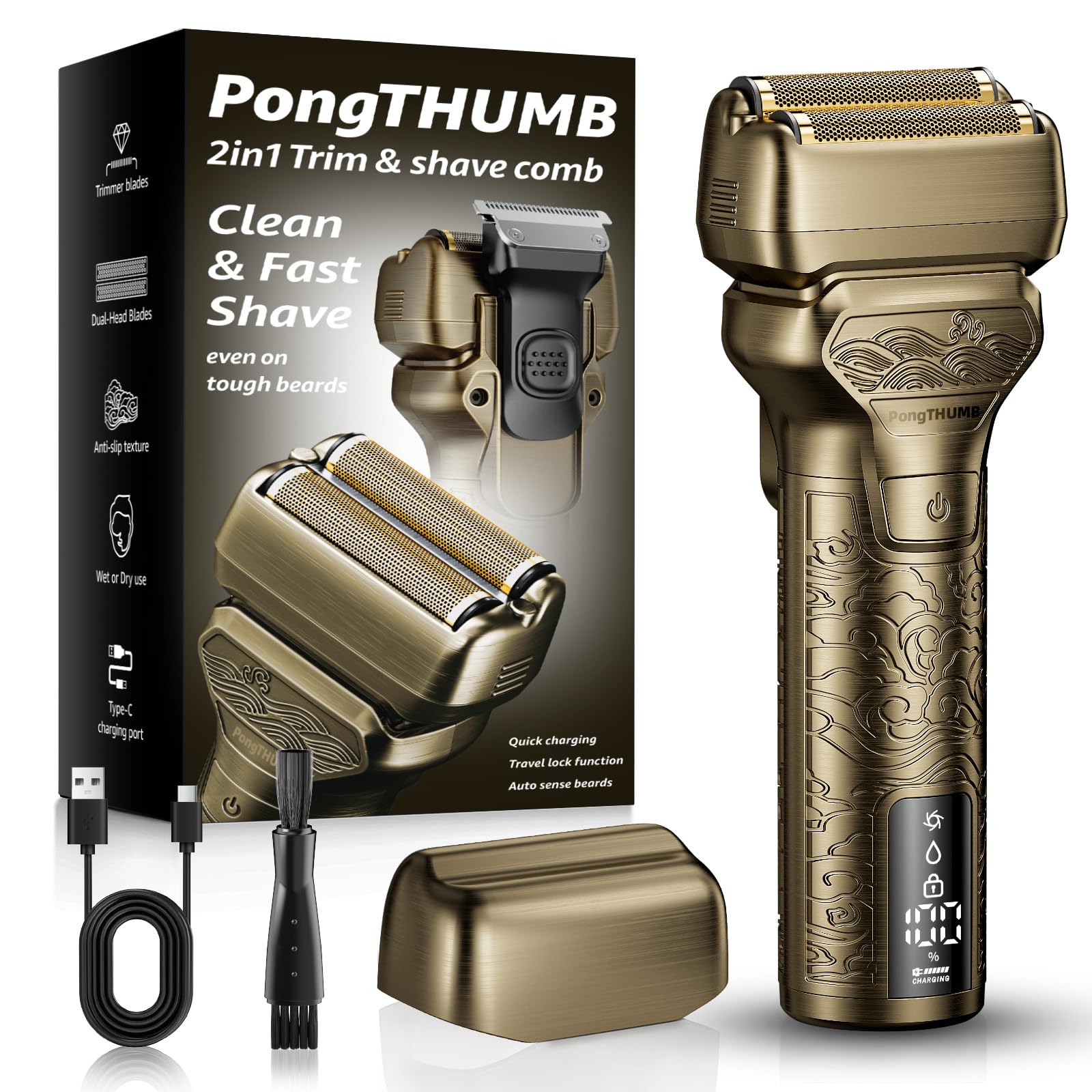 PongTHUMB electric razor with gold metal handle and ergonomic grip for precise shaving.