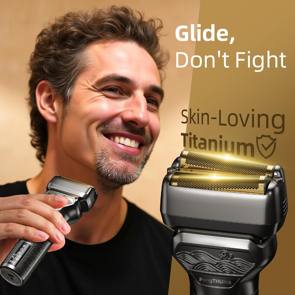 PongTHUMB shaver LED display indicating battery life for easy planning.
