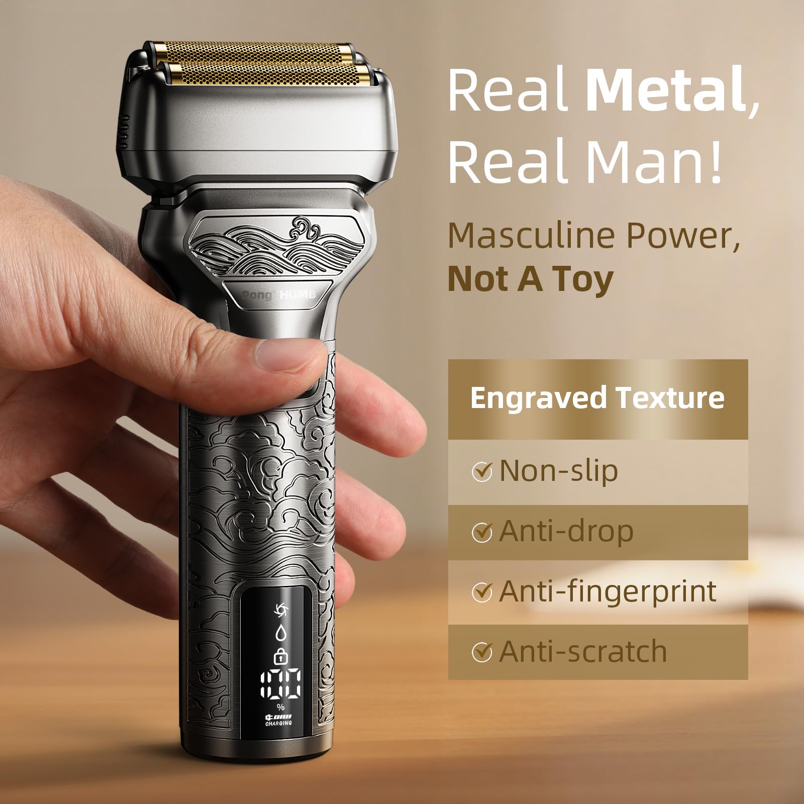 PongTHUMB electric razor pop-up trimmer for precise beard detailing.