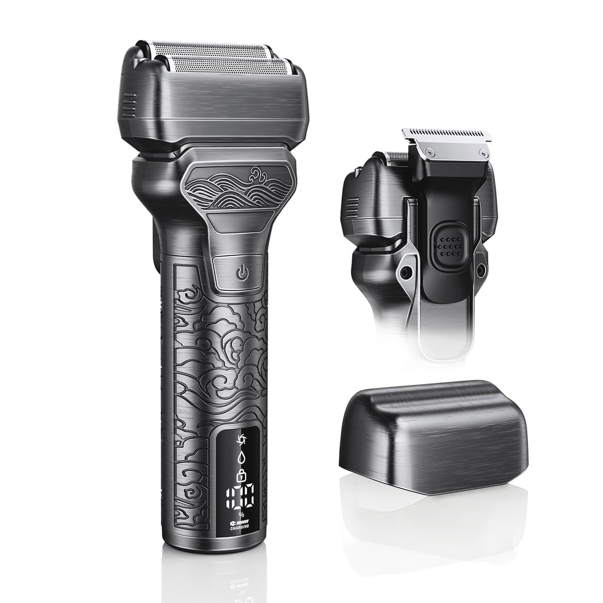 PongTHUMB Foil Shaver front view with durable aluminum body and secure grip.