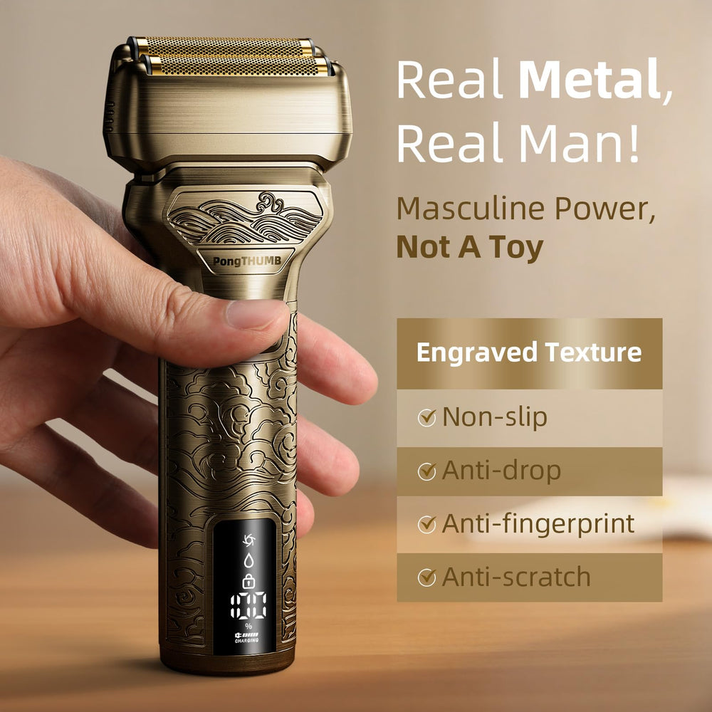PongTHUMB pop-up trimmer detail for clean sideburns and beard shaping.