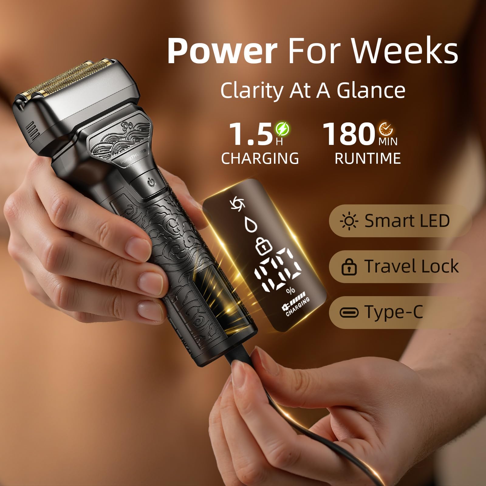 PongTHUMB waterproof seal supports wet shaving and easy cleaning.