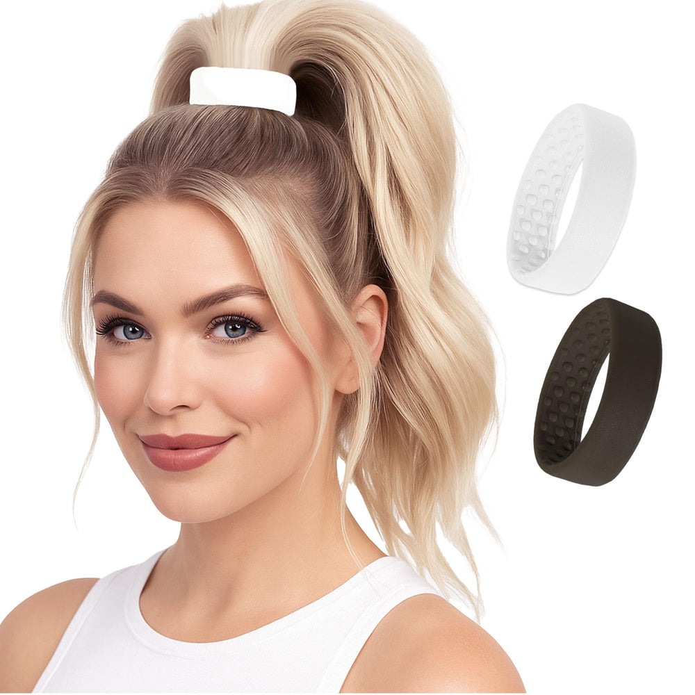PONY-O bendable hair tie demonstrating secure hold for a voluminous ponytail.