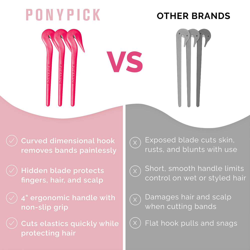 Pony Pick 3-pack colored elastics included for vibrant styles.