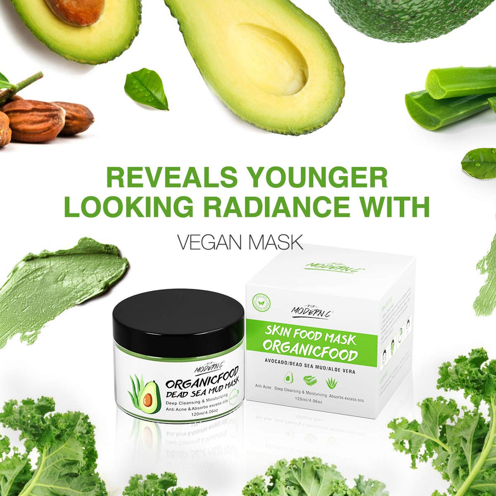 POP MODERN.C avocado-green tea mask image suggests soothing, hydrating benefits.