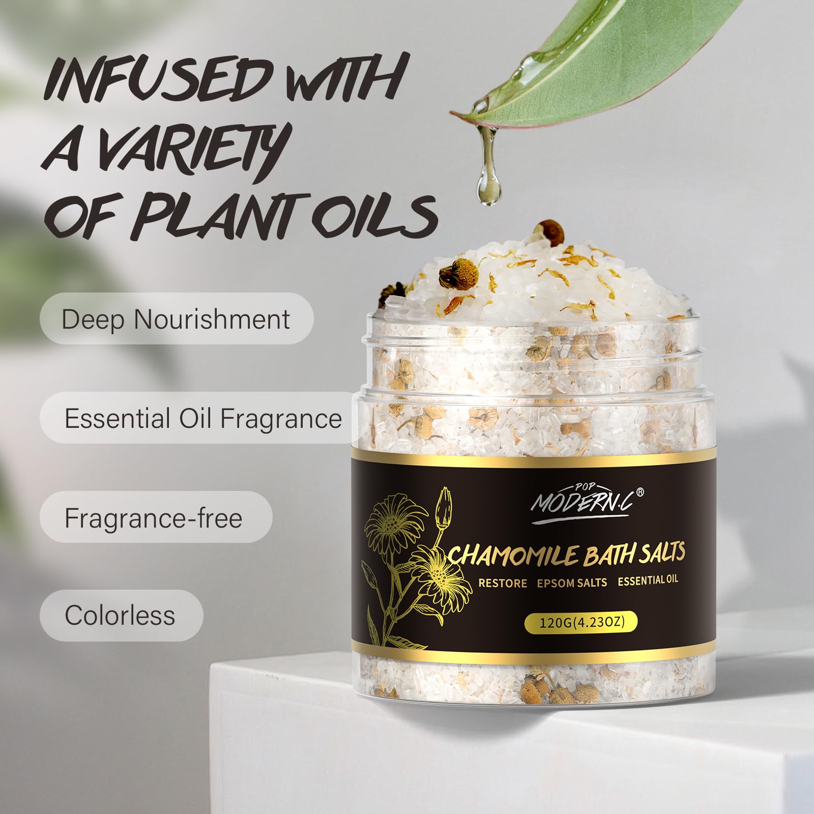 POP MODERN.C chamomile soak helps unwind after a busy day.