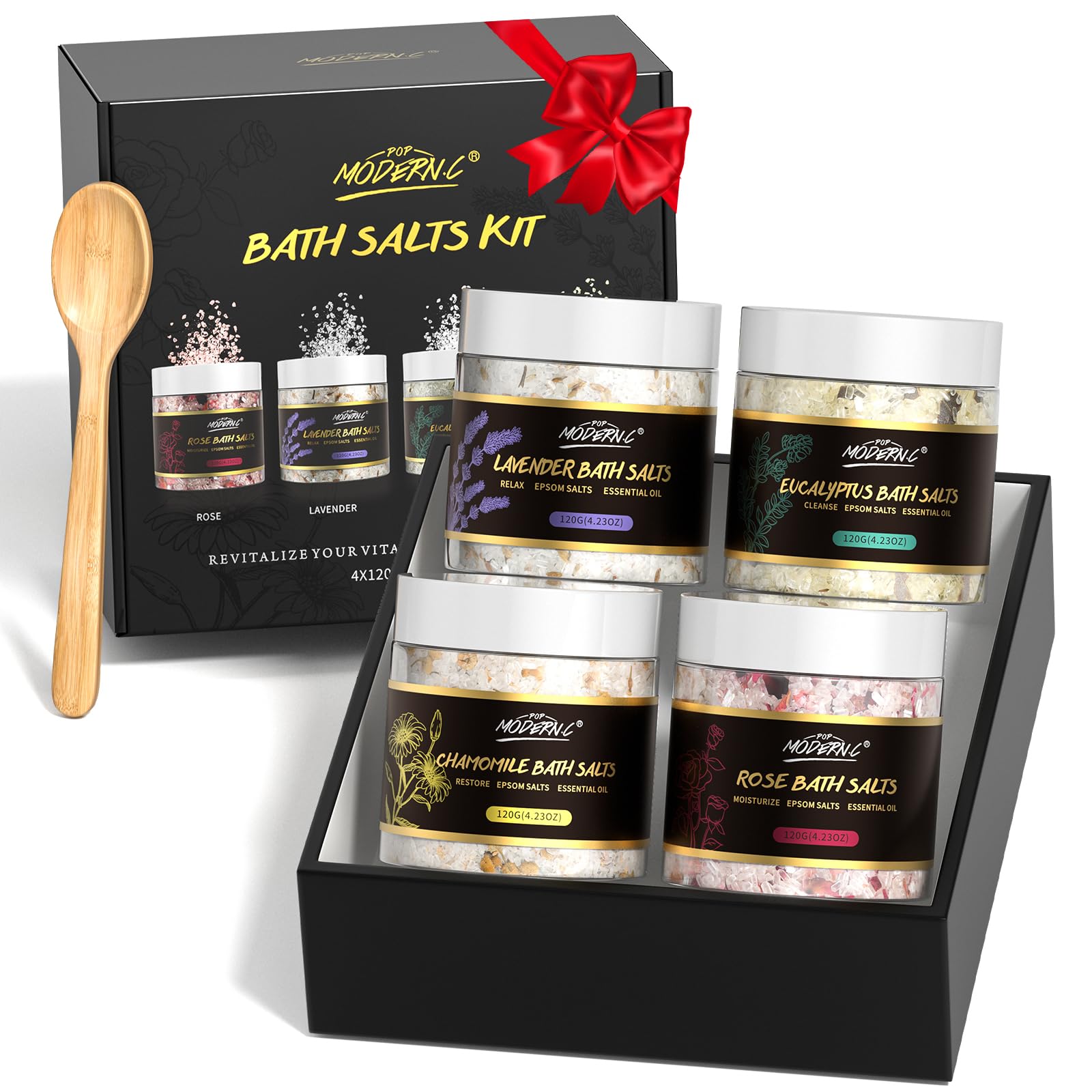 POP MODERN.C Epsom salts gift set packaging showcasing a luxurious at-home spa presentation.
