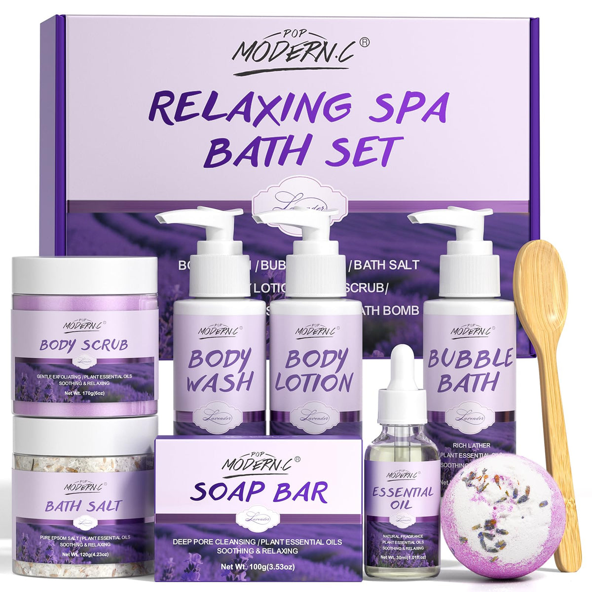POP MODERN.C Relaxing Bath Gift Set packaging, ideal for gifting and self-care.