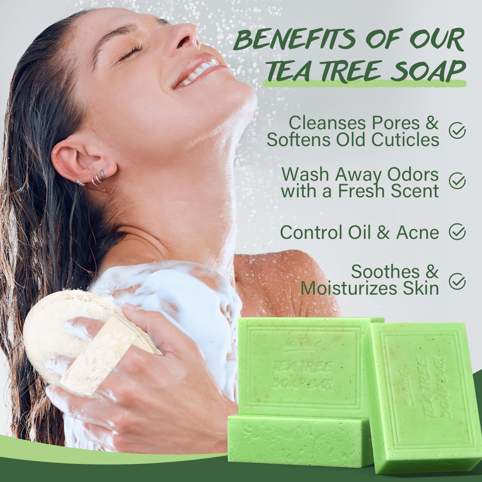 POP MODERN.C tea tree soap bar with mesh bag for easy travel cleansing.