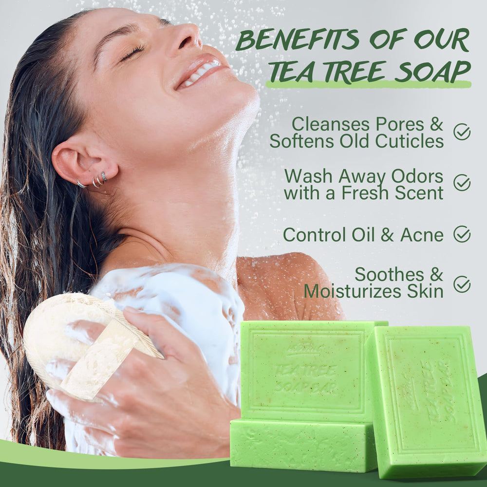 POP MODERN.C tea tree soap bar with mesh bag for easy travel cleansing.
