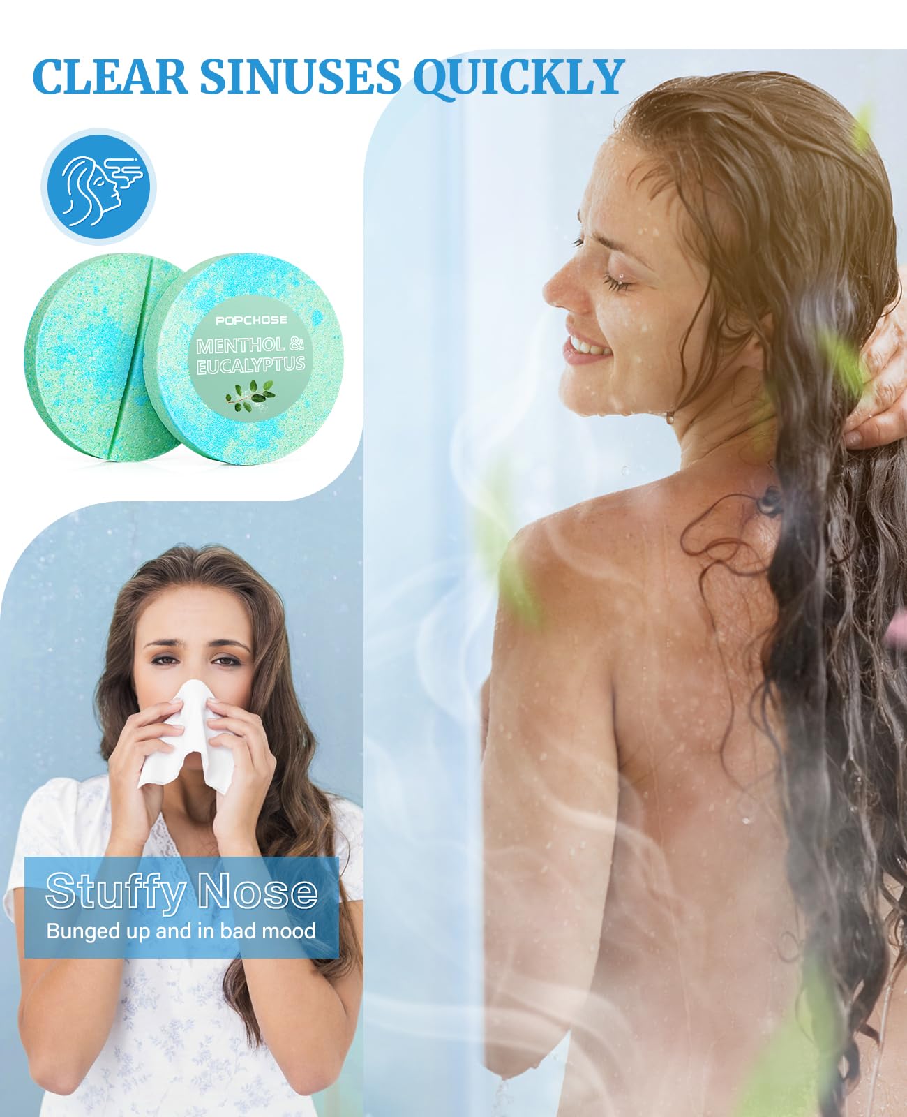 POPCHOSE Eucalyptus-Mint shower steamer helps stimulate focus and clarity.
