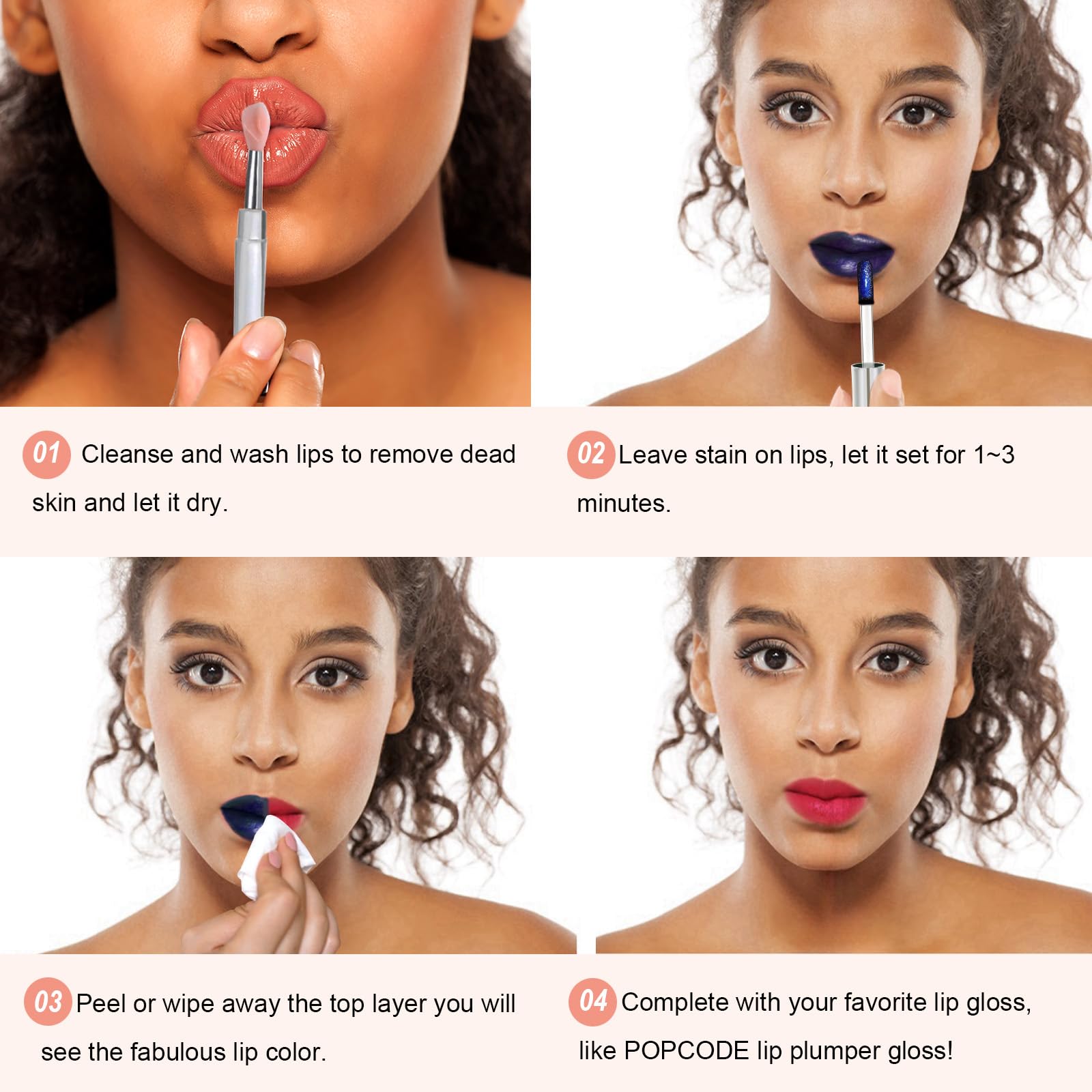 Popcode Peel Off Lip Stain all-day wear displaying long-lasting, transfer-proof color