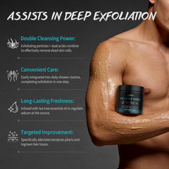 POP MODERN.C Tea Tree Scrub back application demonstrates deep-cleaning for back and shoulders