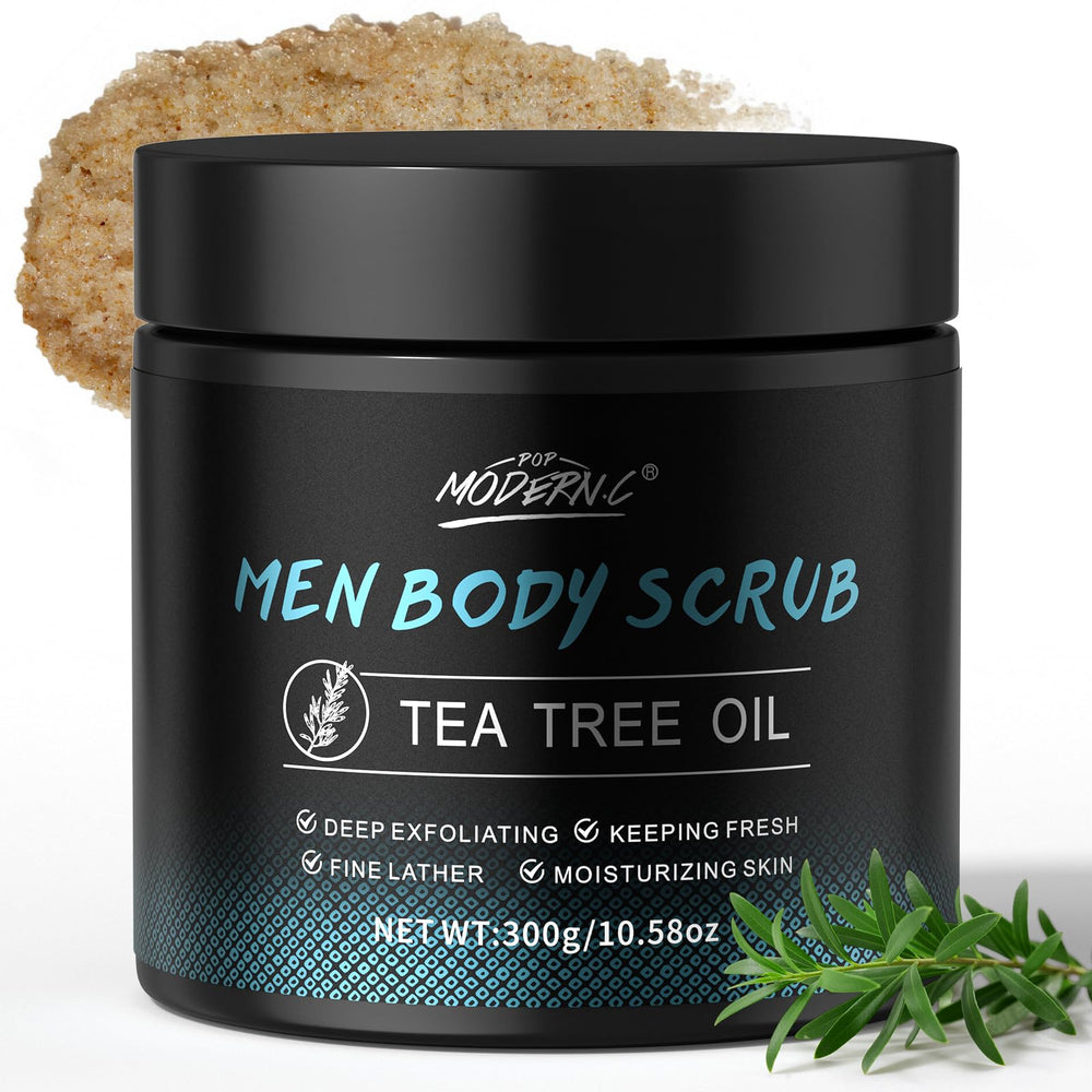 POP MODERN.C Tea Tree Scrub bottle closeup for refreshed skin after shower