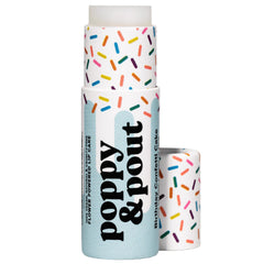 Poppy & Pout Birthday Cake jumbo lip balm blue tube hydrates lips with vanilla cake scent