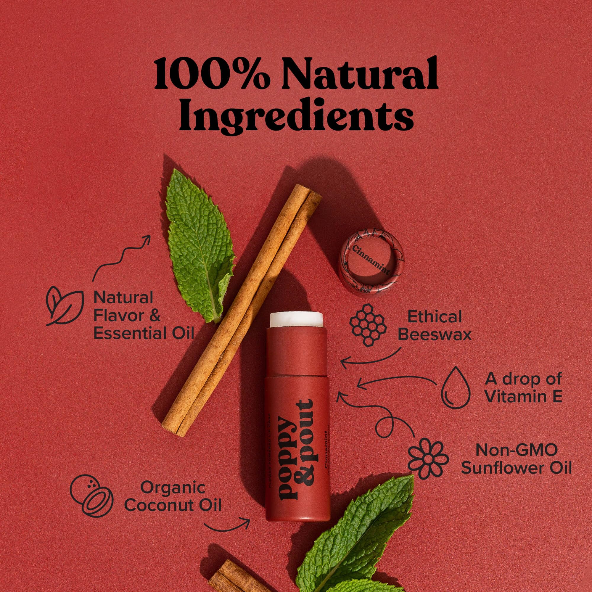Poppy & Pout cinnamint jumbo lip balm tube showcasing extended product and reduced plastic
