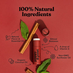 Poppy & Pout cinnamint jumbo lip balm tube showcasing extended product and reduced plastic