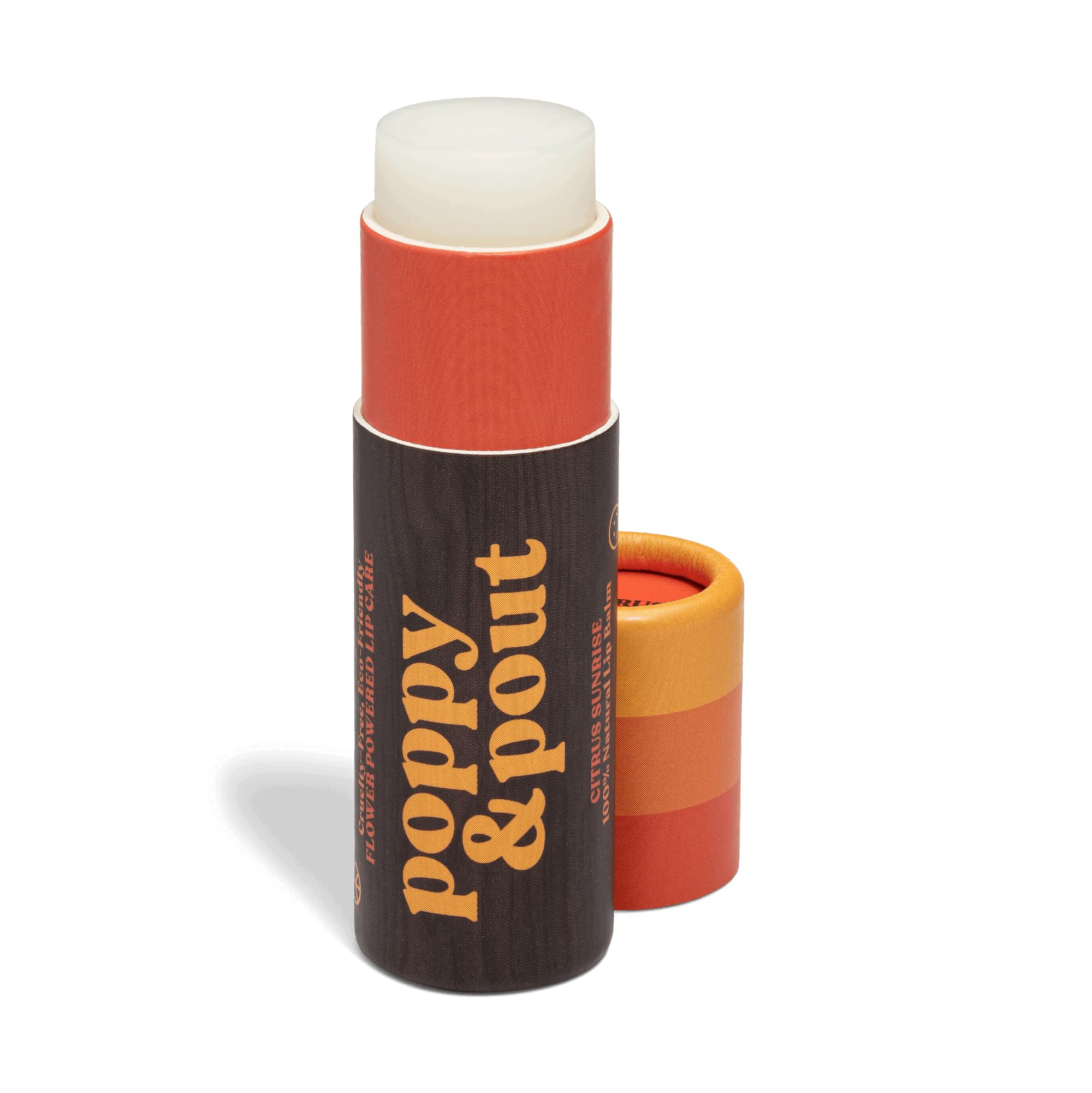 Poppy & Pout Citrus Sunrise lip balm in a recyclable tube ready for on-the-go hydration.