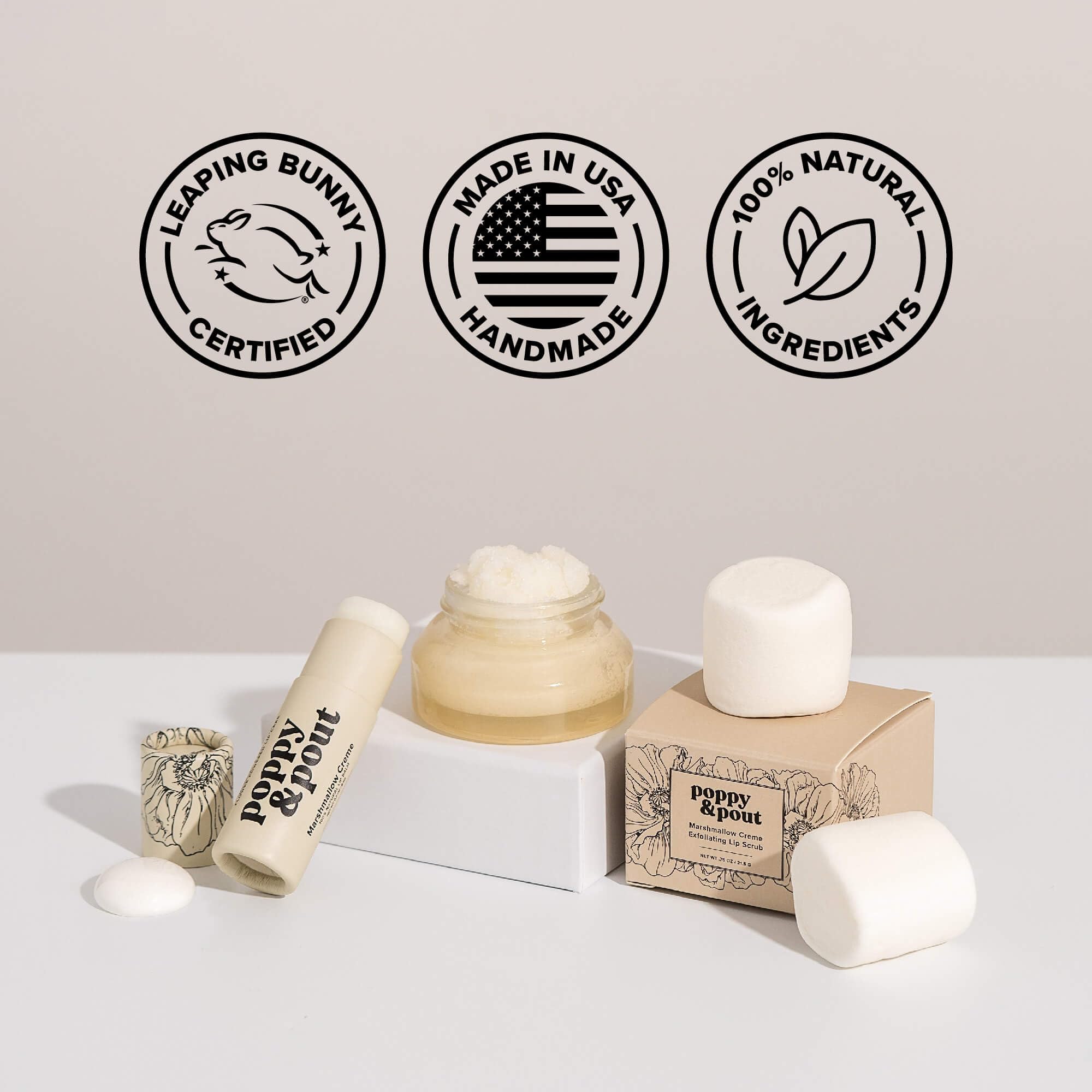 Cruelty-free label on Poppy & Pout packaging communicates clean beauty.