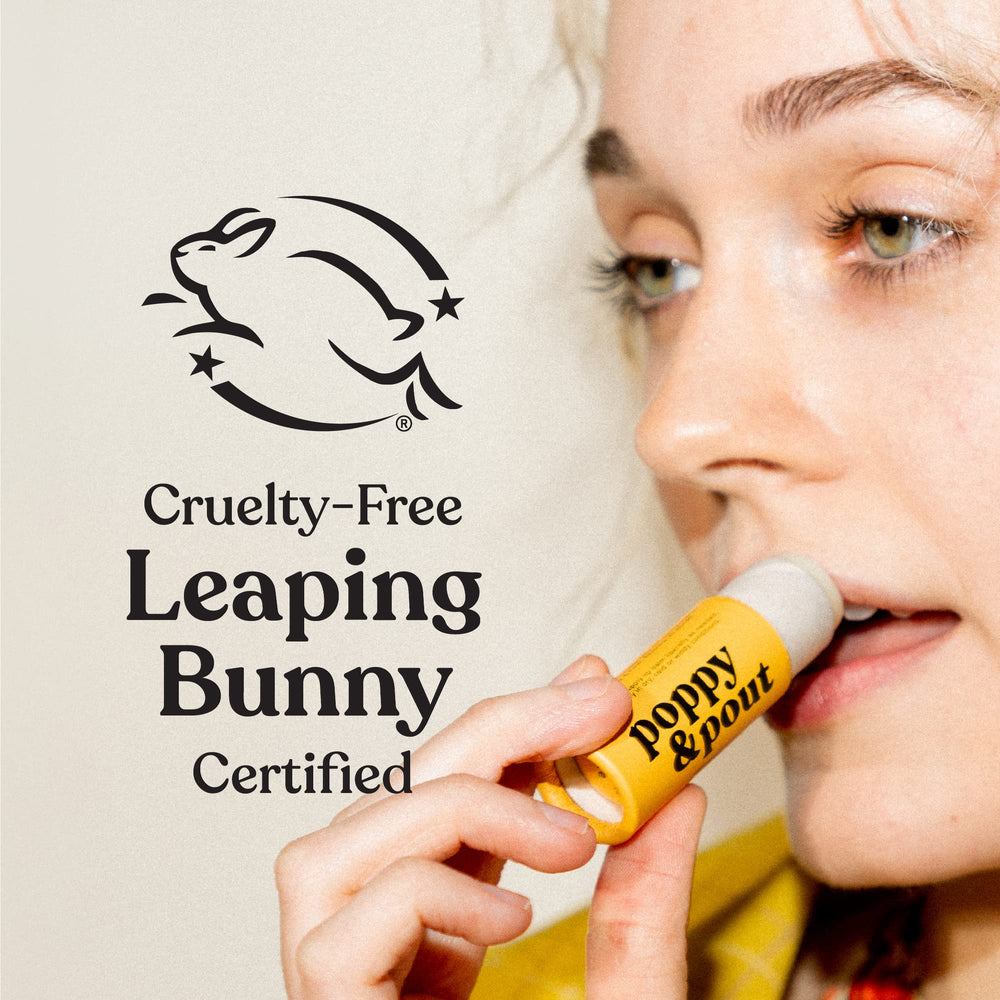 Poppy & Pout Cruelty-free lip balm with Leaping Bunny standard.