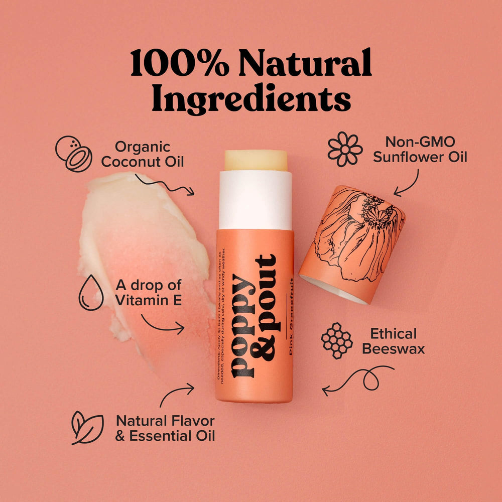 Poppy & Pout hands holding pink grapefruit jumbo lip balm for portable moisture.
