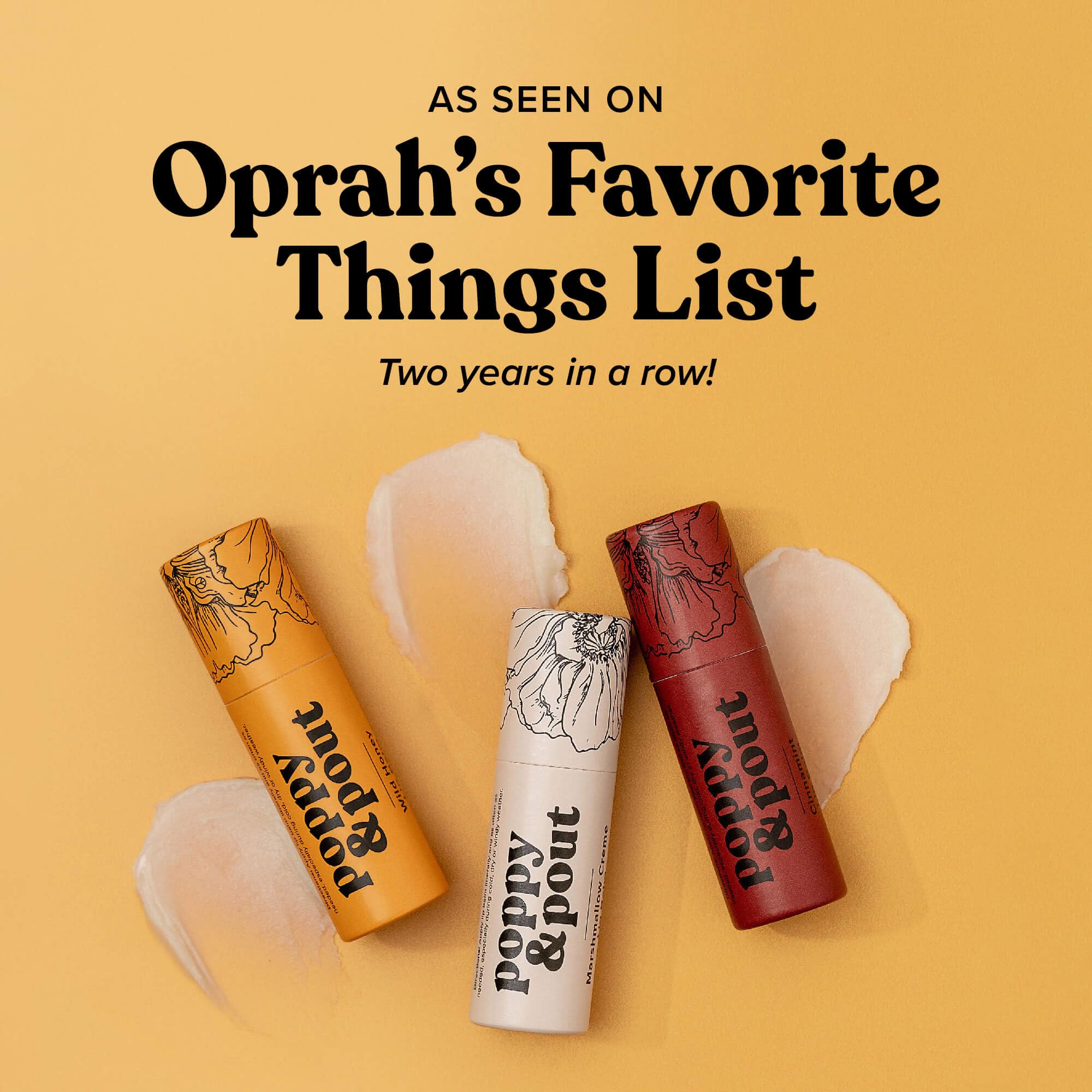 Poppy & Pout ingredient close-up with beeswax, vitamin E, and coconut oil.