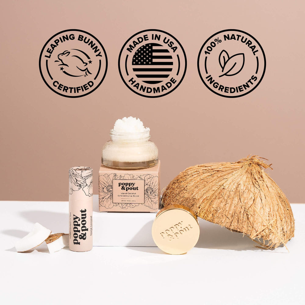 Beeswax detail on Island Coconut lip balm formula indicating rich protection.
