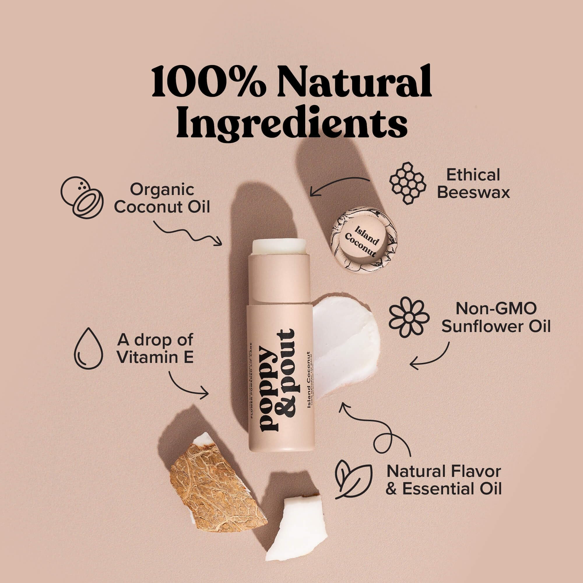 Poppy & Pout lip balm swatch on hand displaying creamy, easy-to-apply texture.