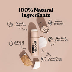Poppy & Pout lip balm swatch on hand displaying creamy, easy-to-apply texture.