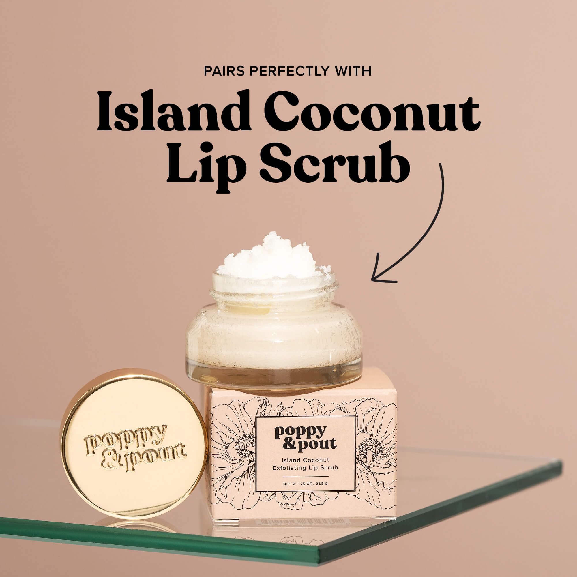 Tropical scene backdrop with Island Coconut lip balm suggesting vacation vibes and hydration.