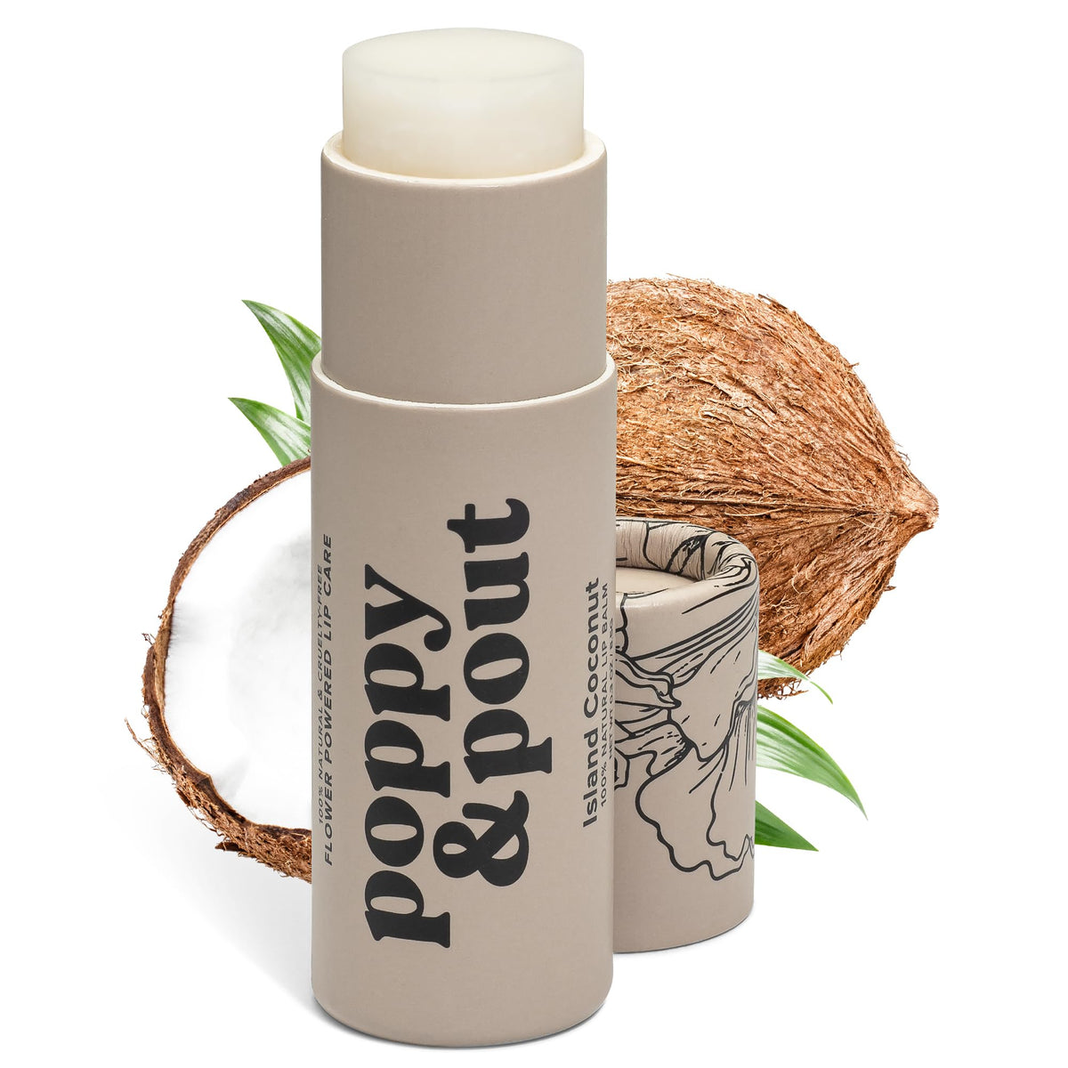 Poppy & Pout Island Coconut lip balm tube with tropical scent for daily hydration.